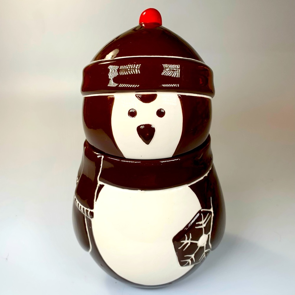 Rustic Christmas Penguin Cookie Jar Snowflake Ceramic  MSRF Inc Design Studios